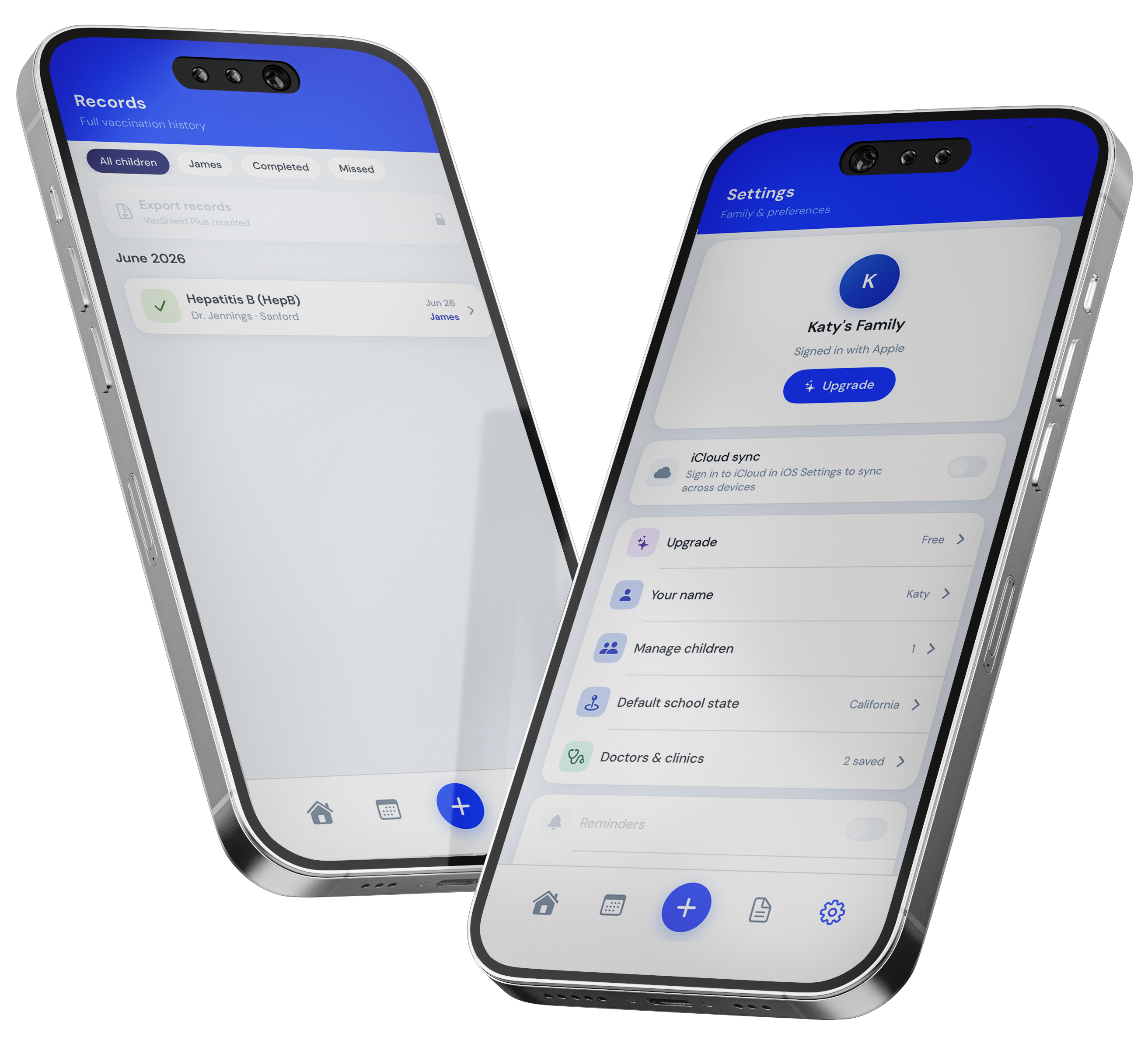 VaxShield app screens: home, schedule, records, and settings